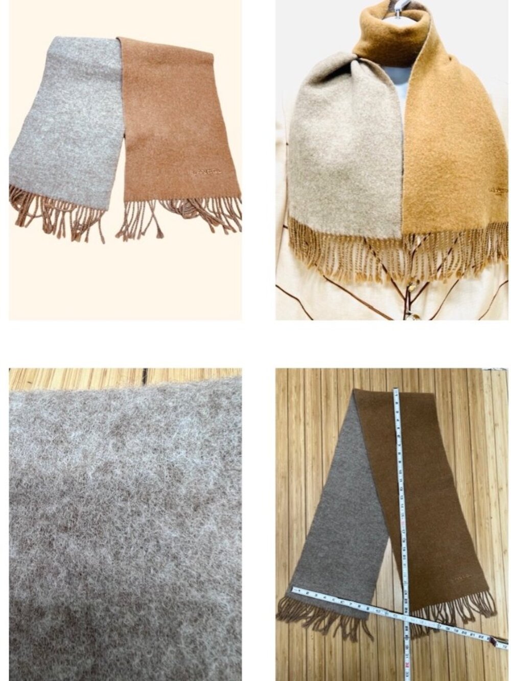 Lancel Paris   Reversible Wool Scaf 58"x10" Sand Beige  light gray Fringe(32 - Picture 8 of 13